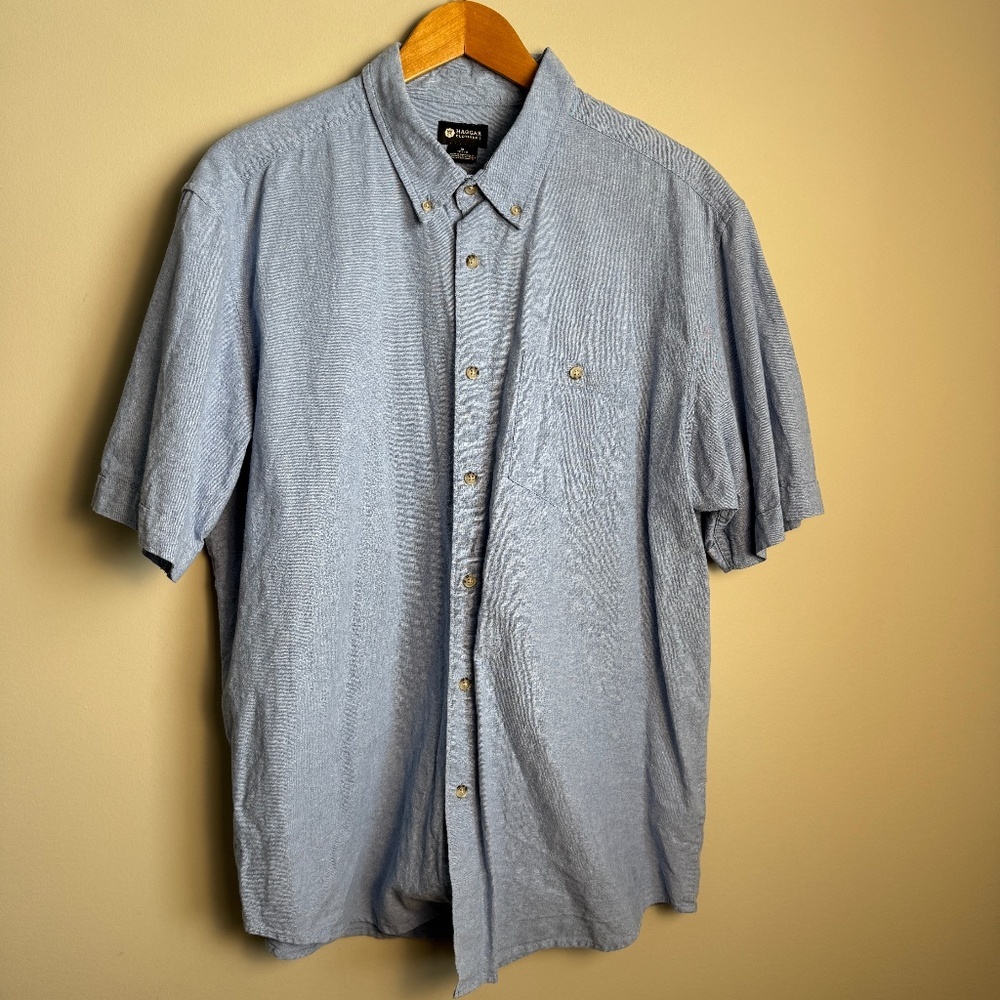 Haggar Men's LINEN Blend Chambray Short Sleeve Button Up Shirt Blue Size X-Large